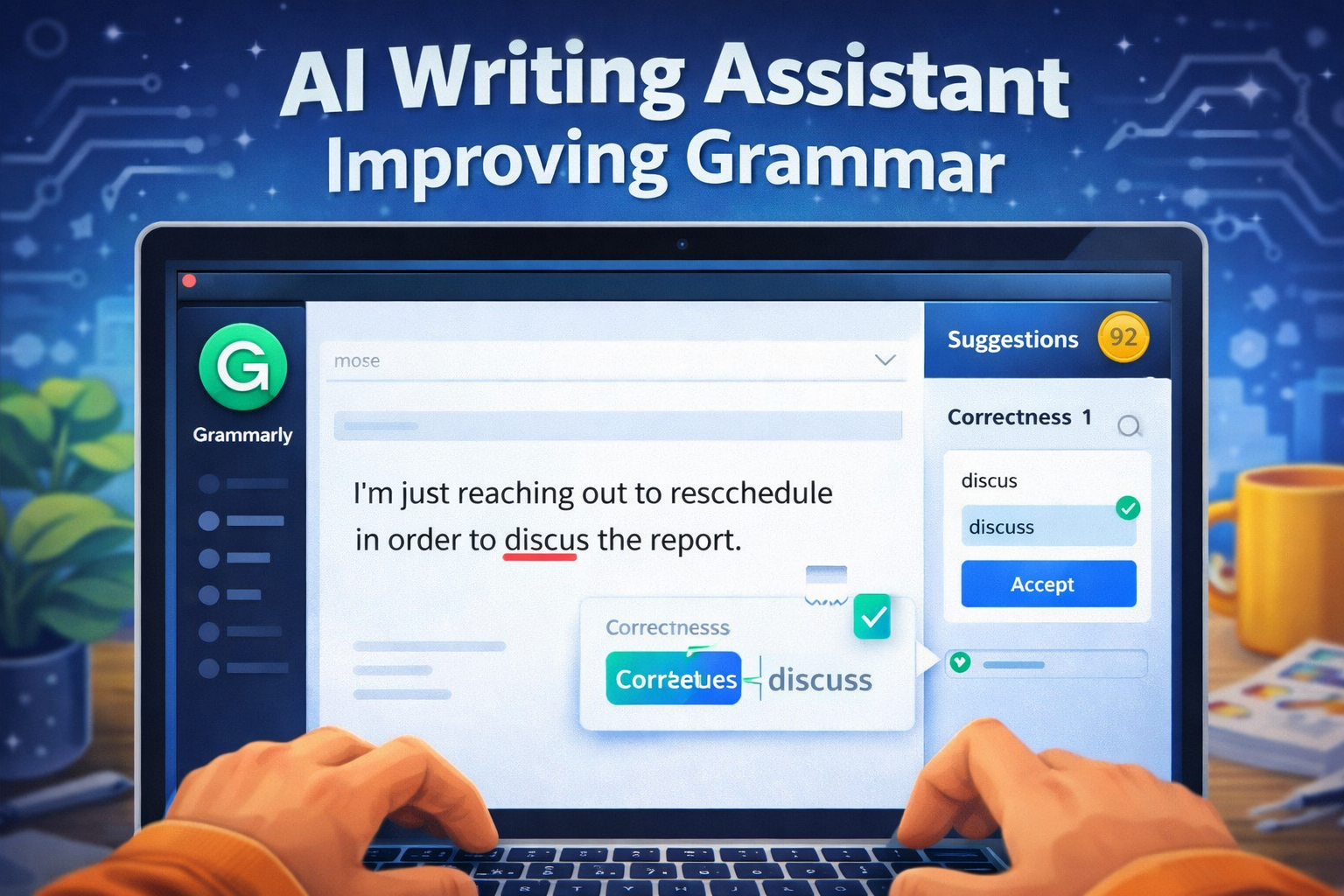 AI writing assistant Grammarly improving grammar and correcting text for small business content