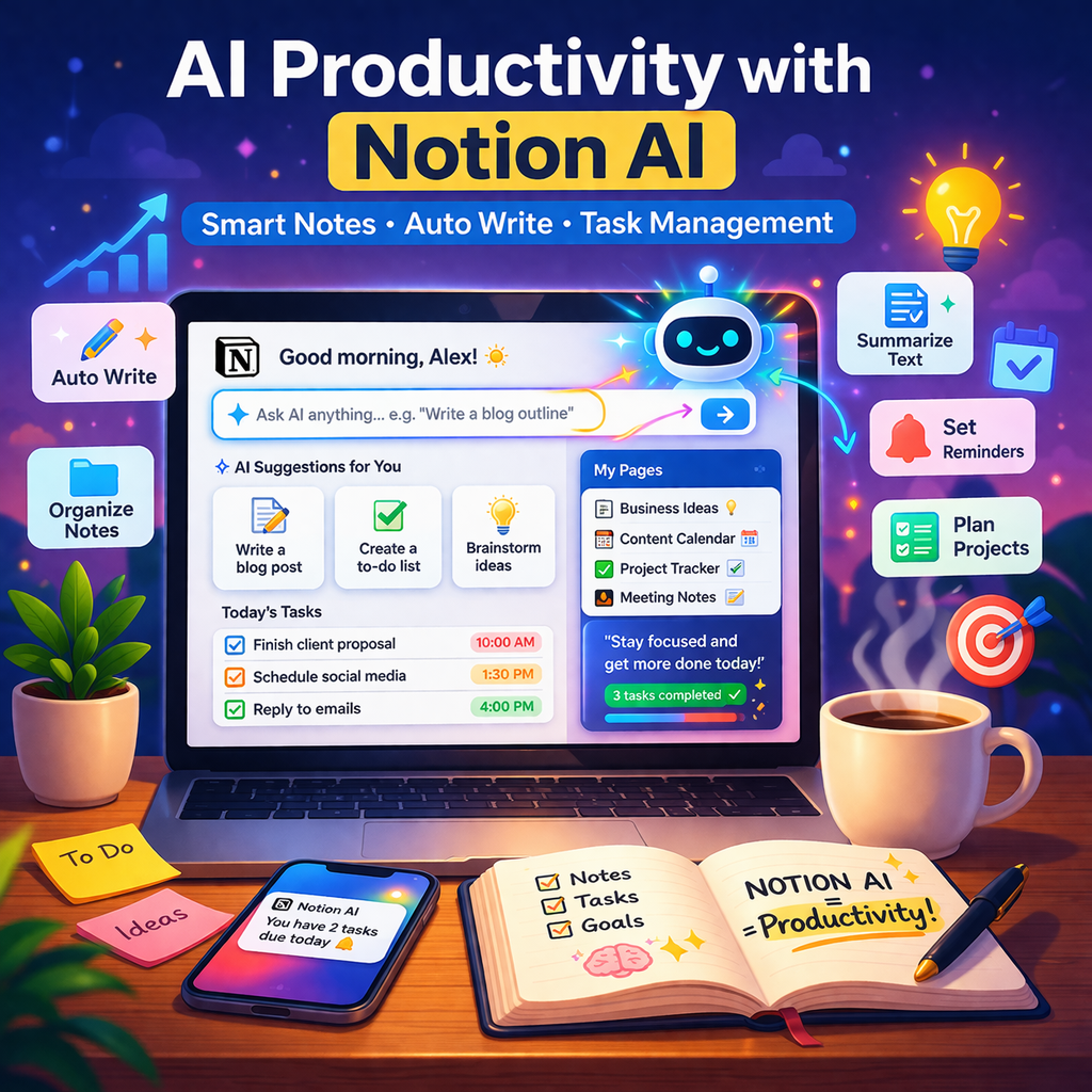 Notion AI productivity tool helping small businesses manage tasks, content planning, and workflow efficiently