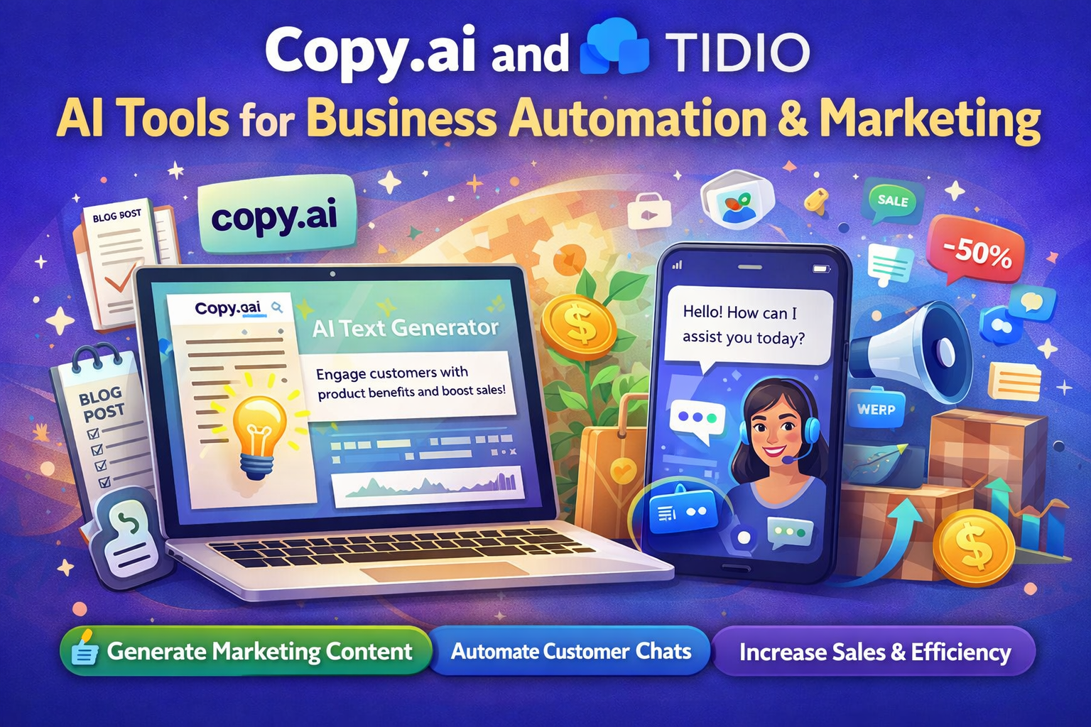 Copy.ai content generation and Tidio chatbot AI tools for small business marketing automation and customer support